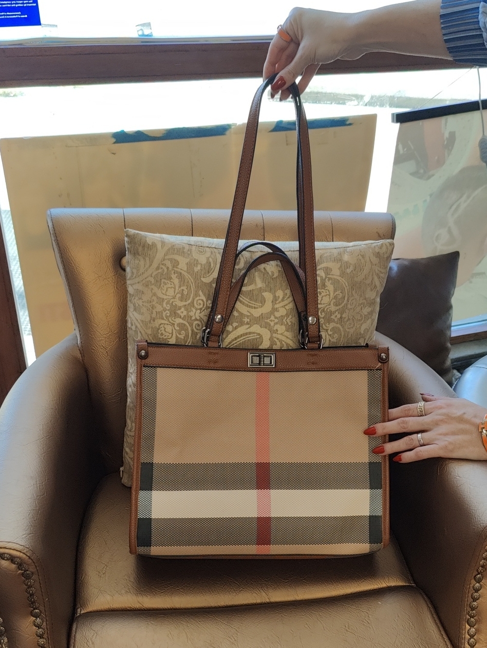 Classic Beige Plaid Tote Bag with Brown Trim